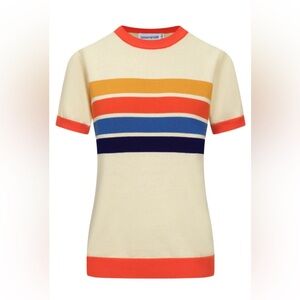Women’s OXKNIT light yellow knitted t-shirt with multicolor stripes
